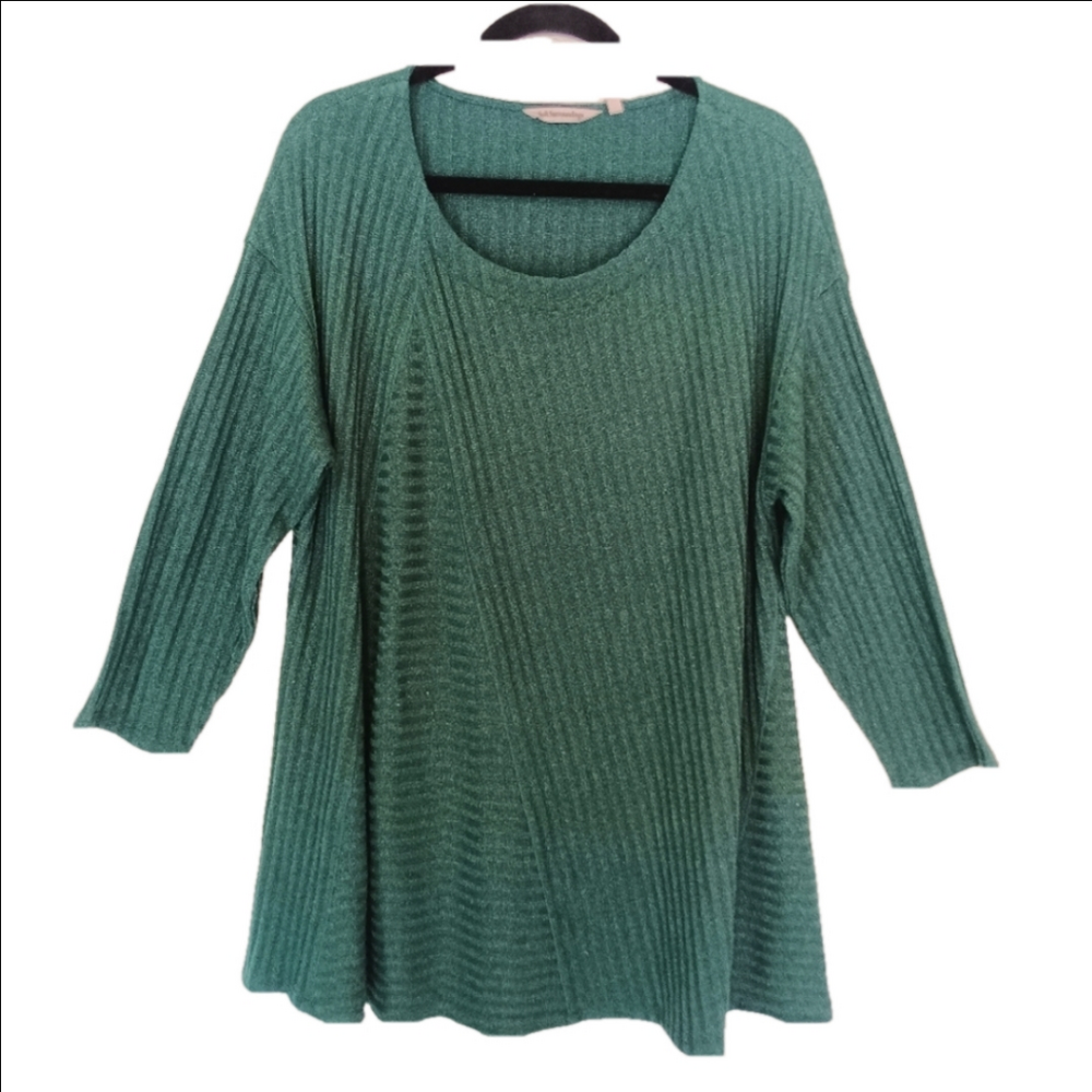 Soft Surroundings‎ Sweater Size 1X Lightweight Green 3/4 Sleeve Top Ribbed Knit